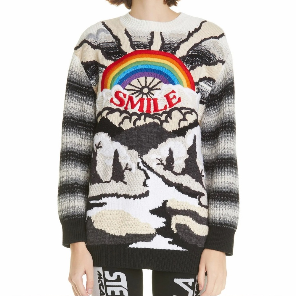 Stella McCartney Smile Kind Intarsia Black Gray Sweater Rainbow Mountain IT 36